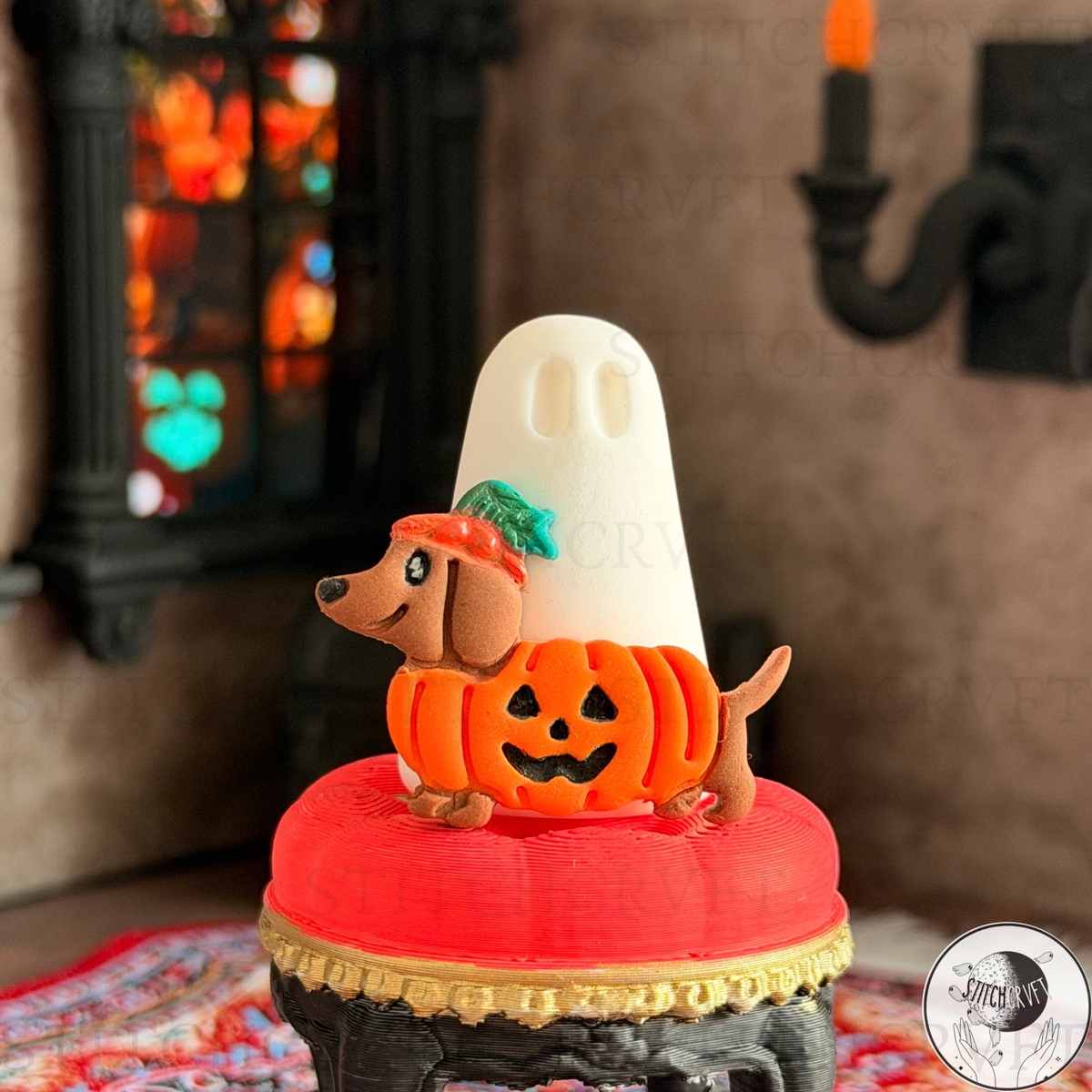 Ghost with pumpkin wiener dog familiar   | Handmade to order