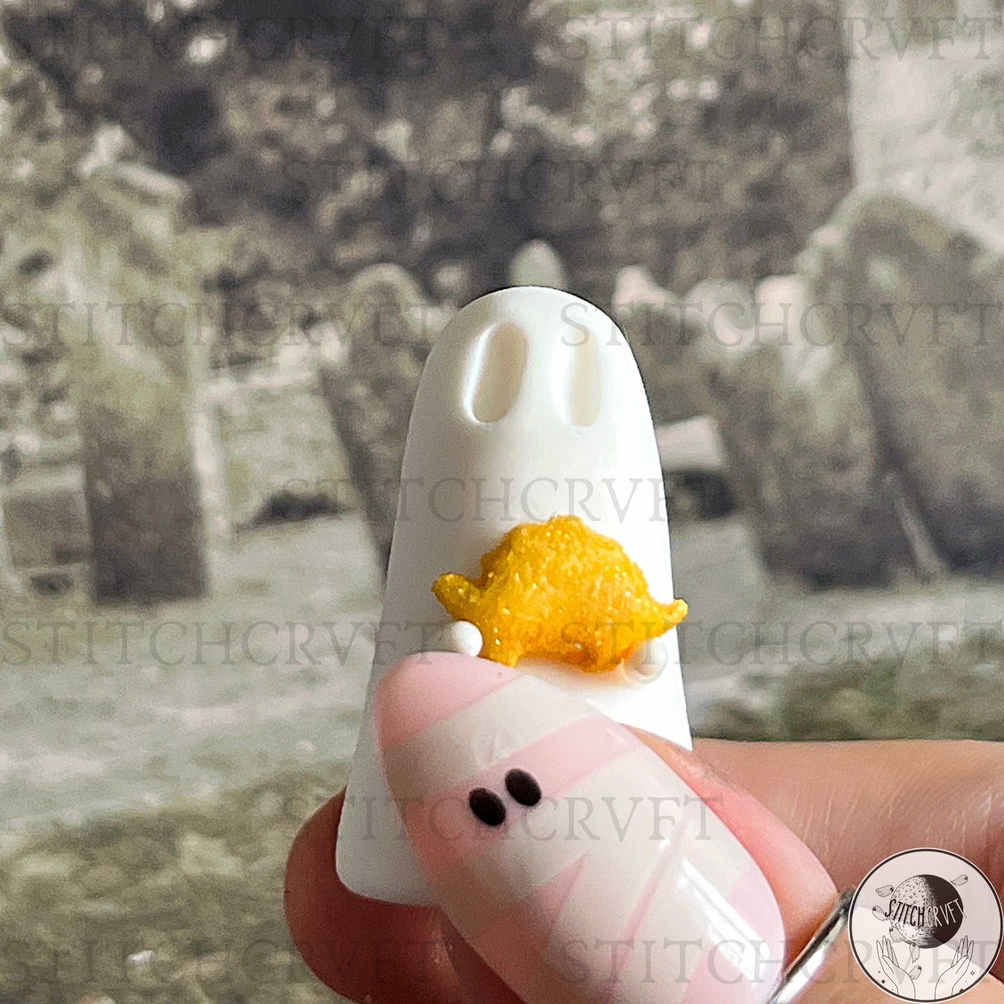 Ghost holding tiny dino nuggies | Handmade to order