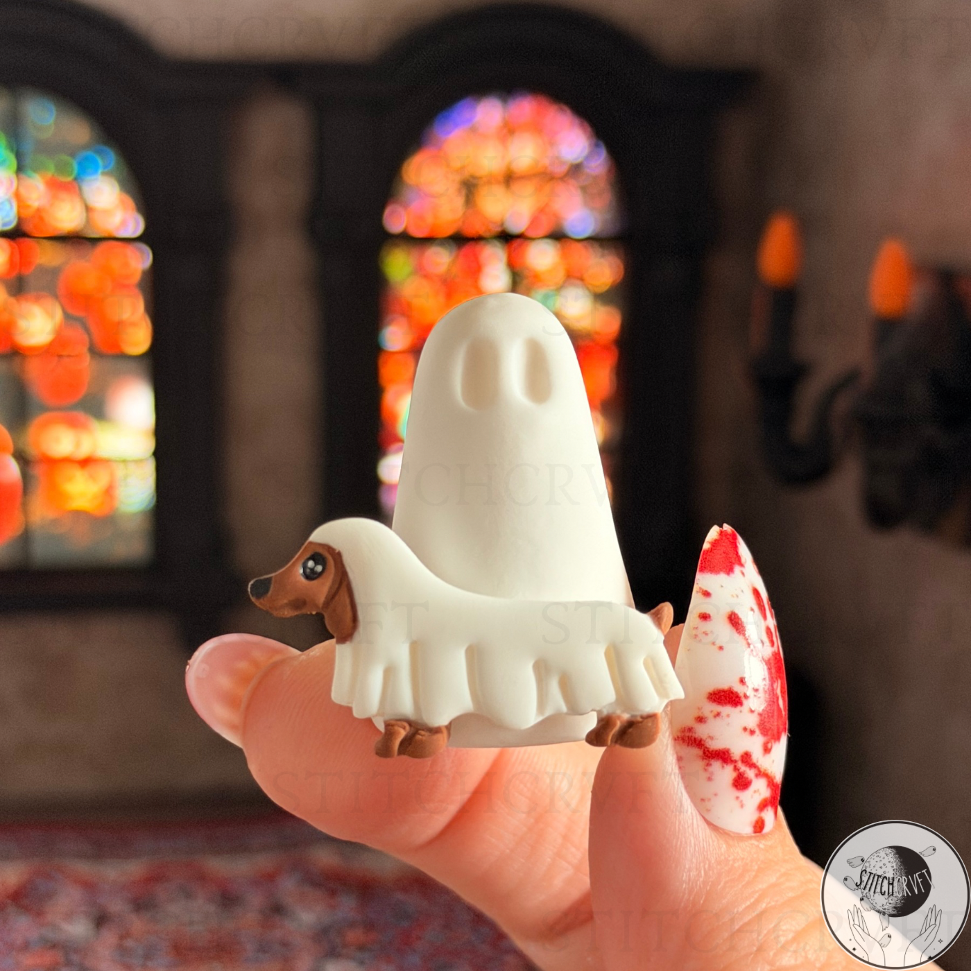 Ghost with wiener dog ghost familiar | Handmade to order