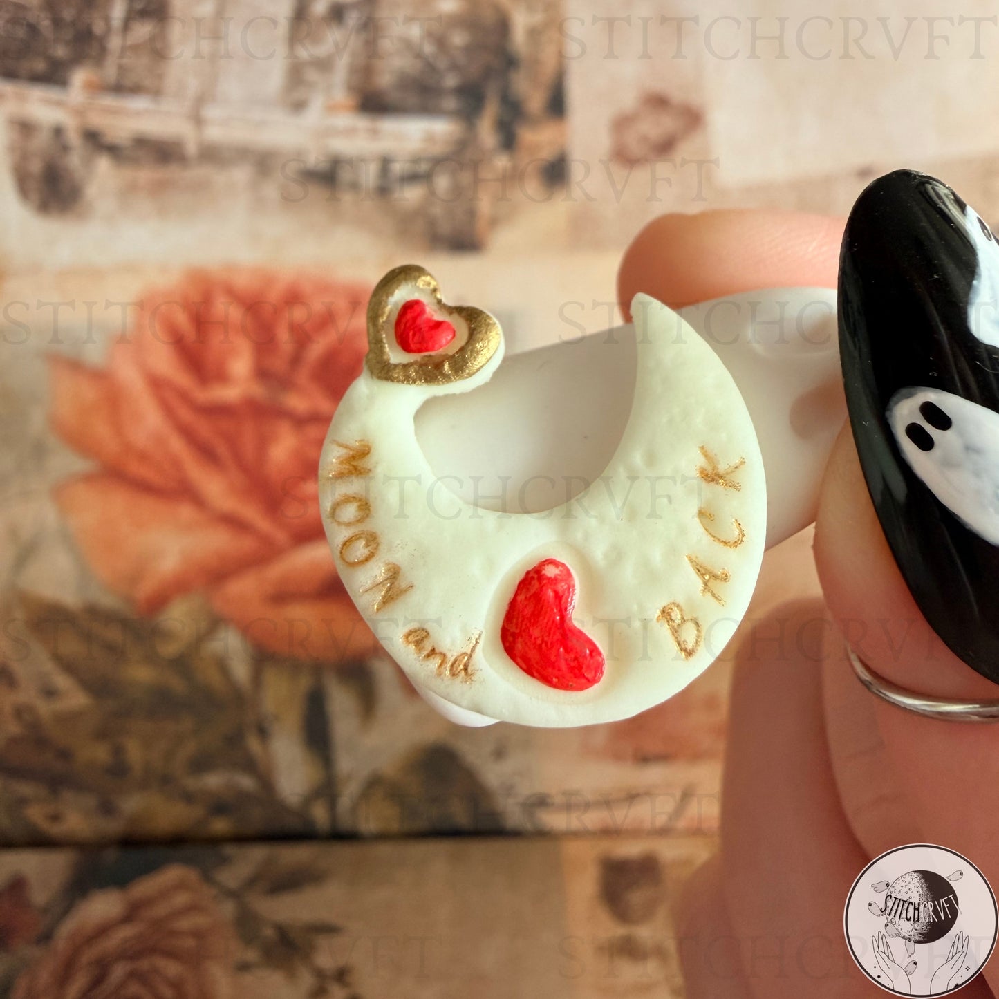 Ghost with glowing "Moon and Back" crescent moon. | Handmade to order