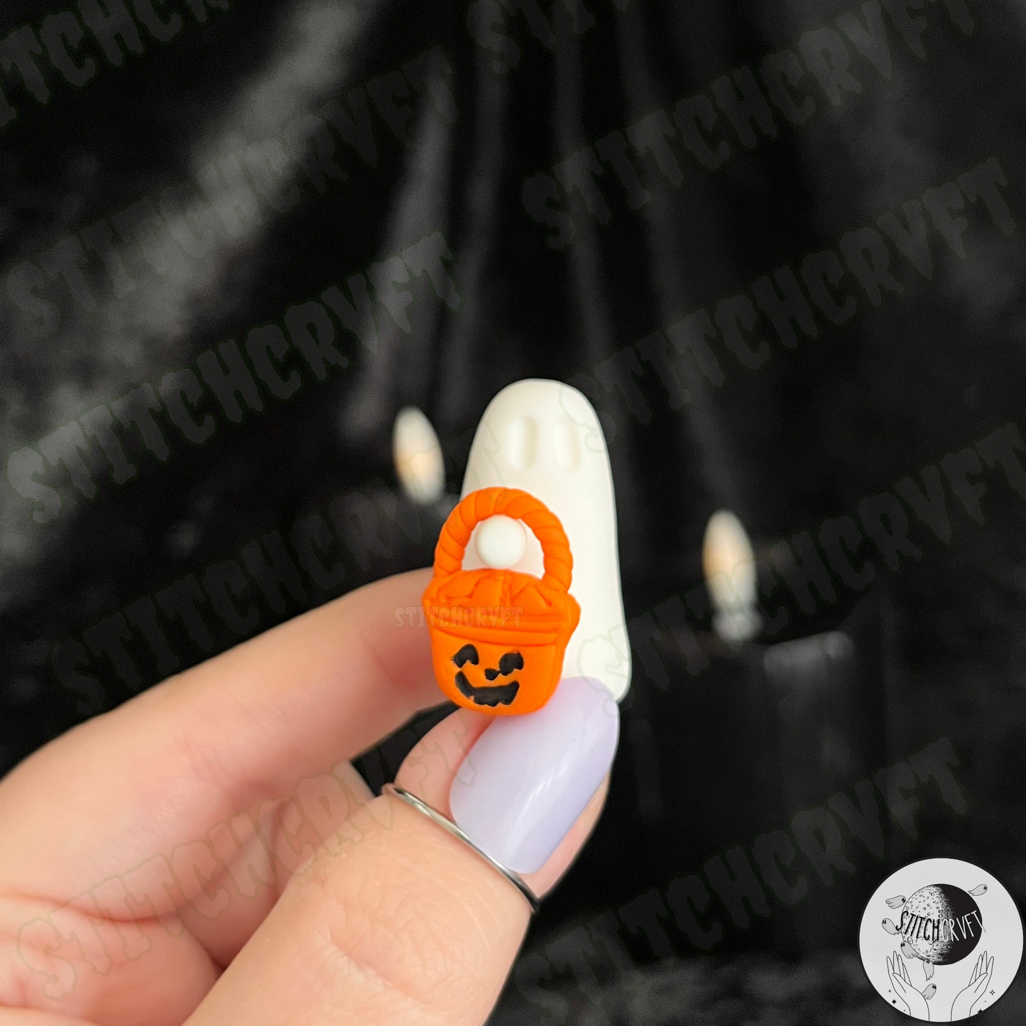 Ghost holding tiny vintage trick or treat bucket | Handmade to order