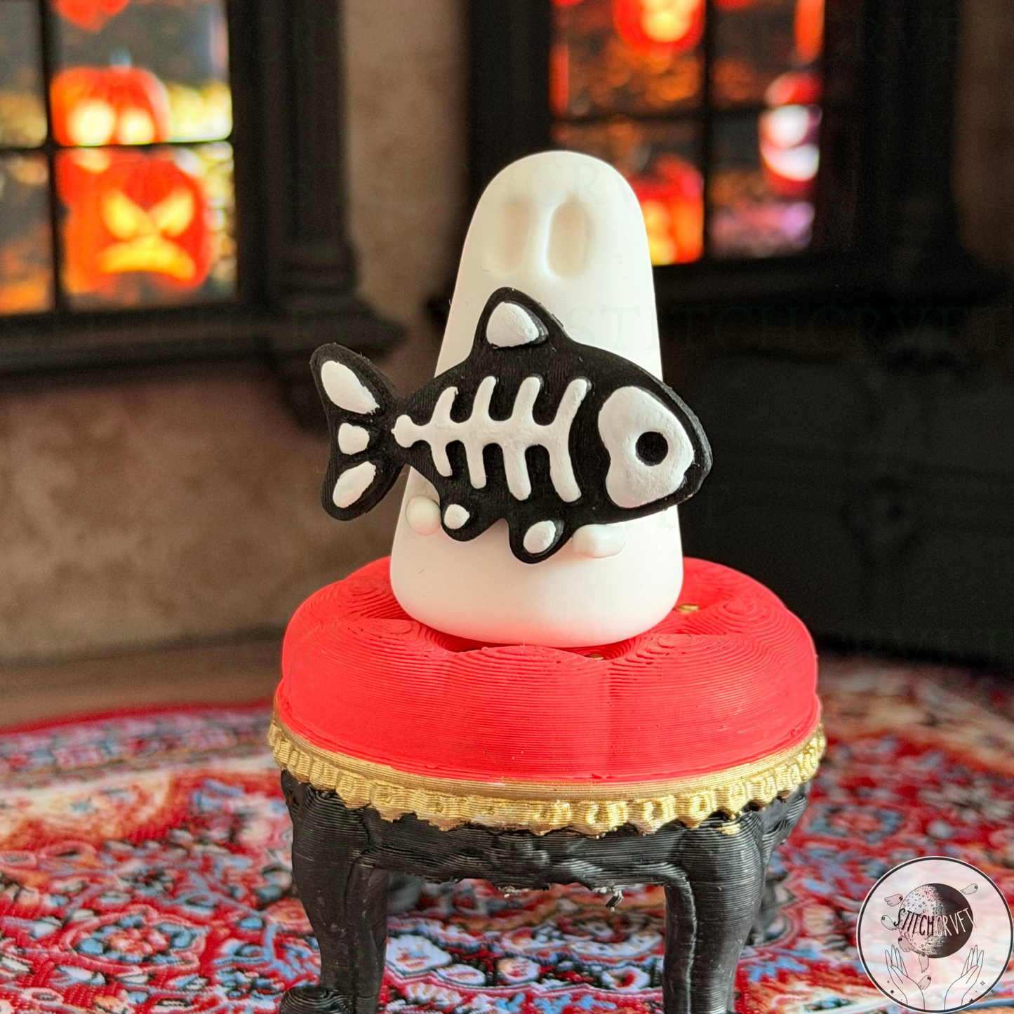 Ghost holding black skeleton fish | Handmade to order