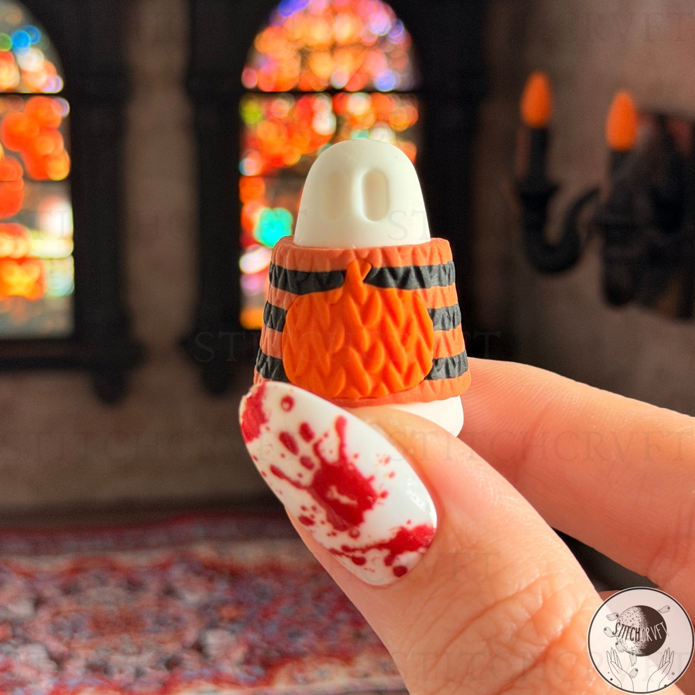 Ghost wearing spooky striped jumper | Handmade to order