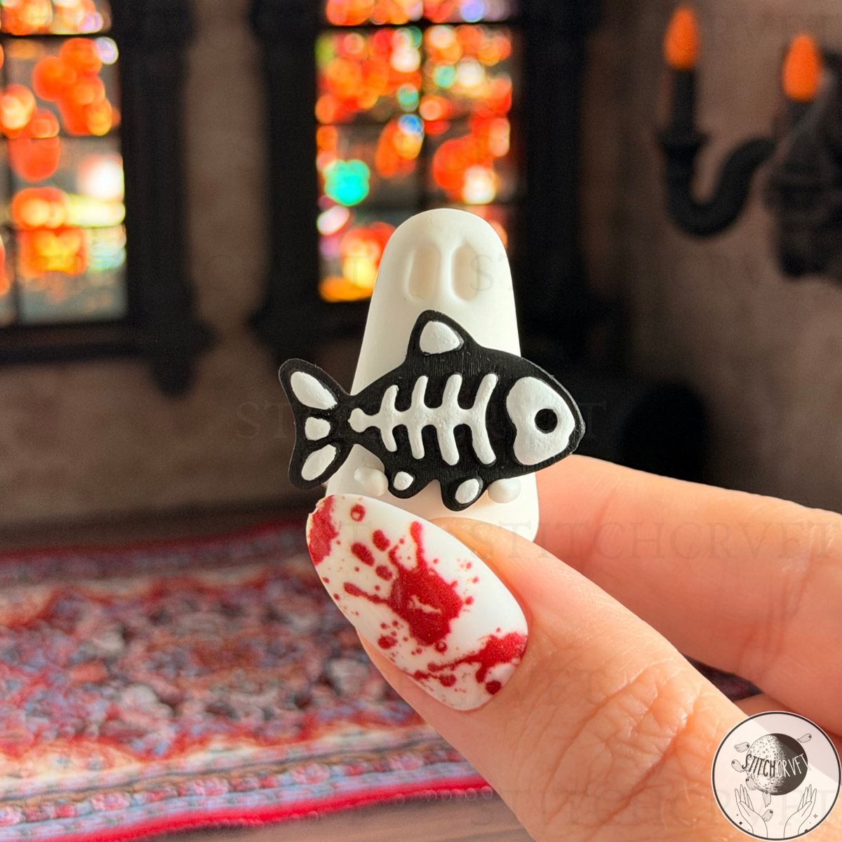 Ghost holding black skeleton fish | Handmade to order
