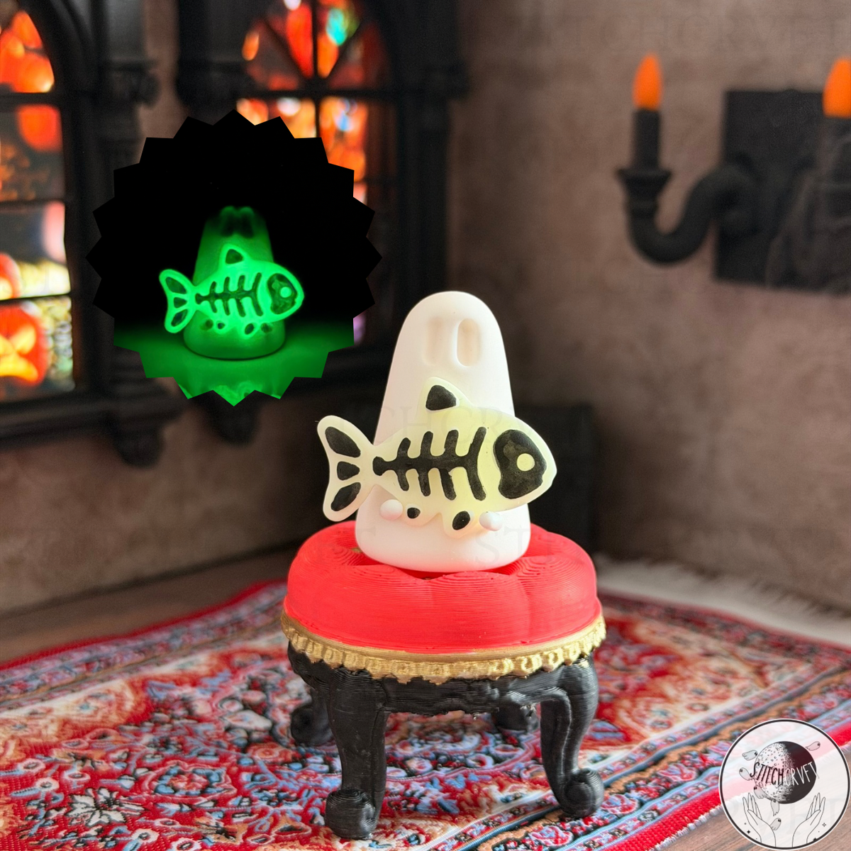 Ghost holding glowing skeleton fish | Handmade to order