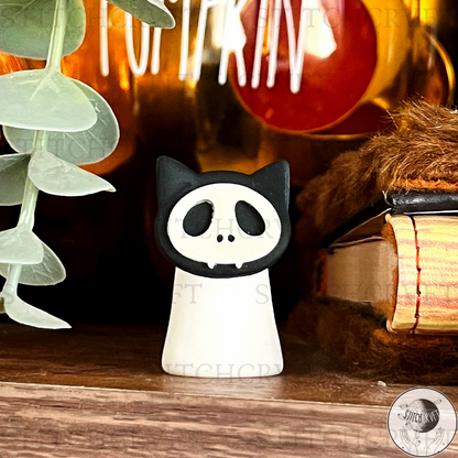 Ghost with black cat mask and glowing skull | Handmade to order