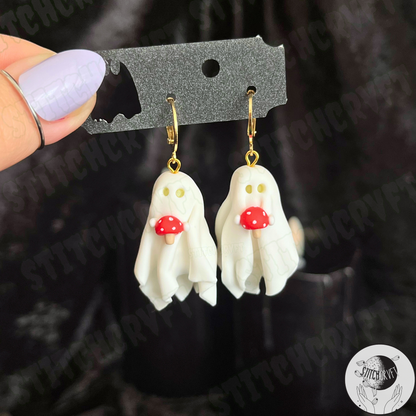 Sheet ghost earrings holding tiny mushroom with glowing eyes | Handmade to order