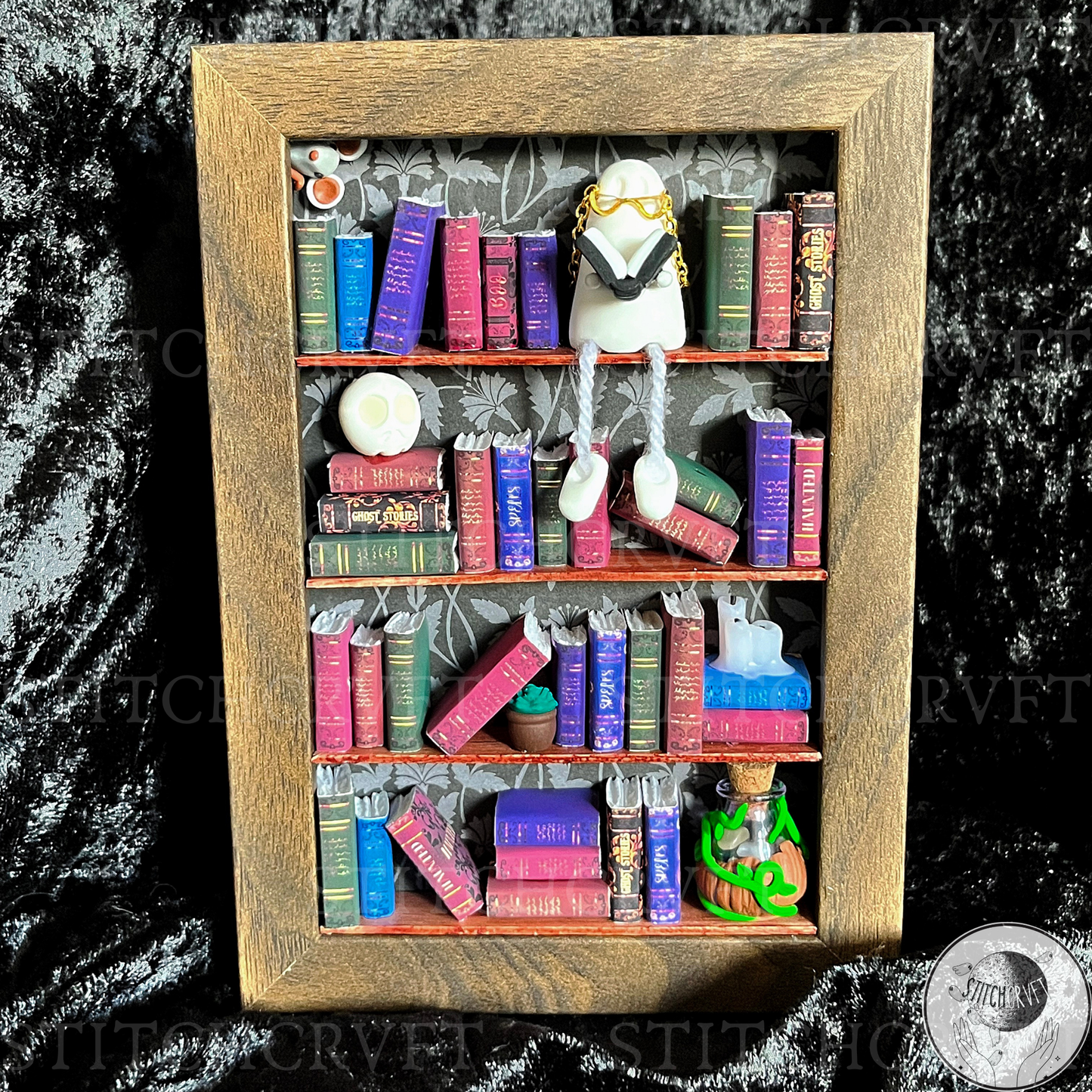 Miniature haunted bookshelf scene | Limited edition