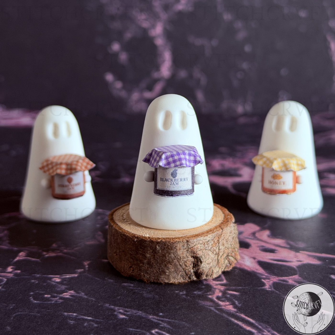 Ghost holding tiny jam jar  | Handmade to order