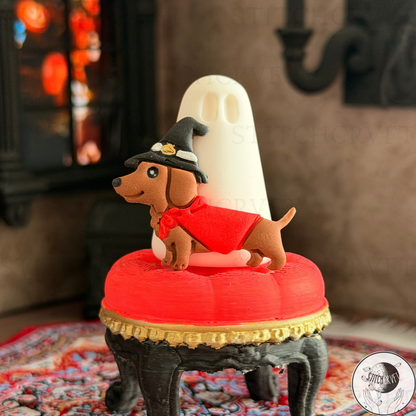 Ghost with witchy wiener dog familiar   | Handmade to order