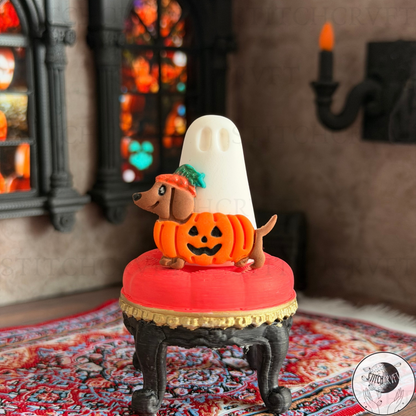 Ghost with pumpkin wiener dog familiar   | Handmade to order