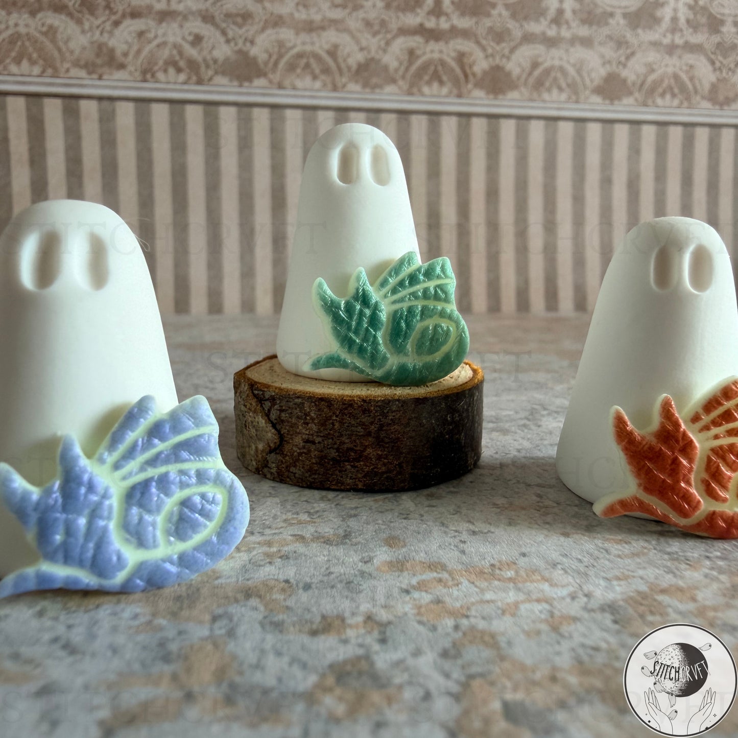Ghost with glowing sleepy dragon familiar | Handmade to order