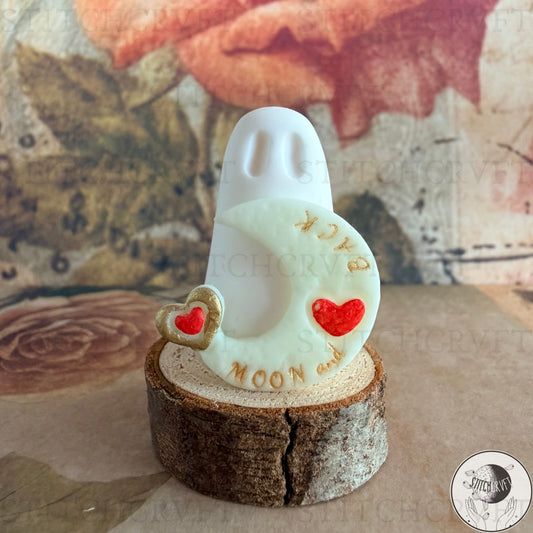 Ghost with glowing "Moon and Back" crescent moon. | Handmade to order