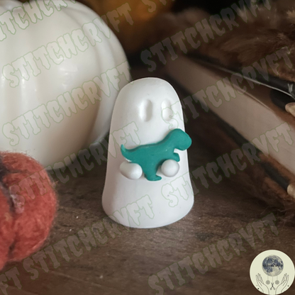 Ghost holding tiny green t-rex | Handmade to order