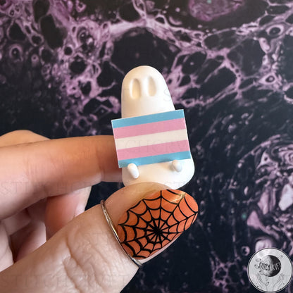 Ghost holding tiny pride flag (various designs) | Handmade to order