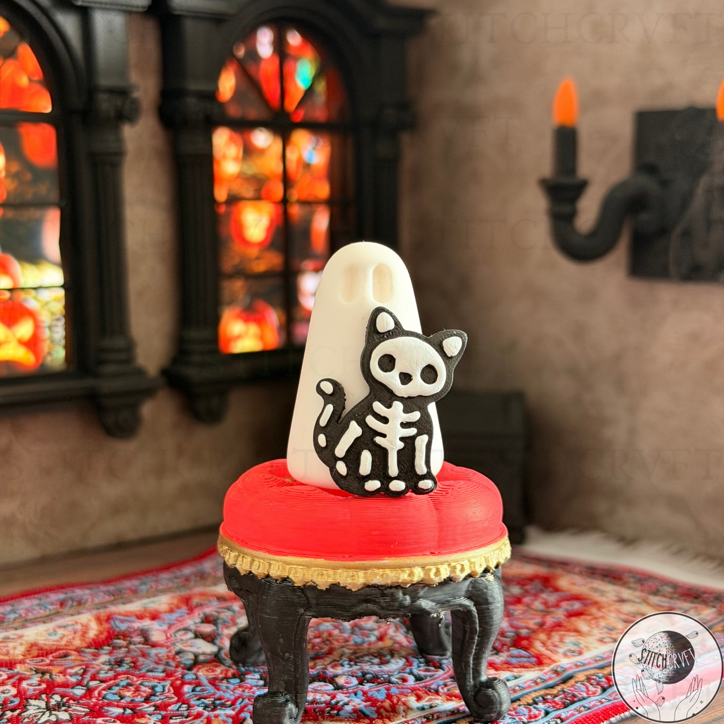 Ghost with black skeleton cat familiar | Handmade to order