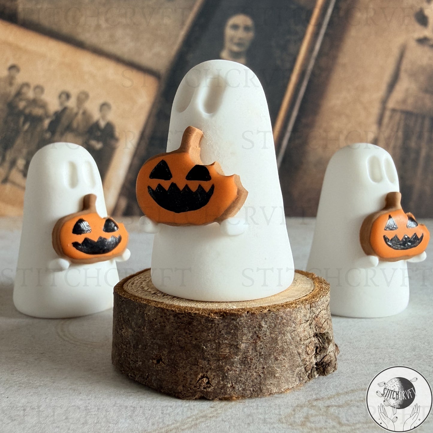 Ghost holding tiny pumpkin cookie | Handmade to order
