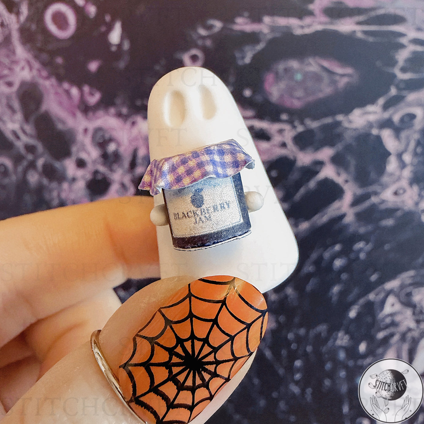 Ghost holding tiny jam jar  | Handmade to order