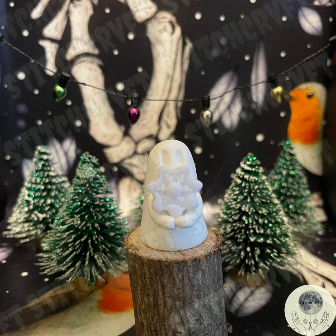 Spookmas Ghost holding tiny sparkling snowflake | Handmade to order