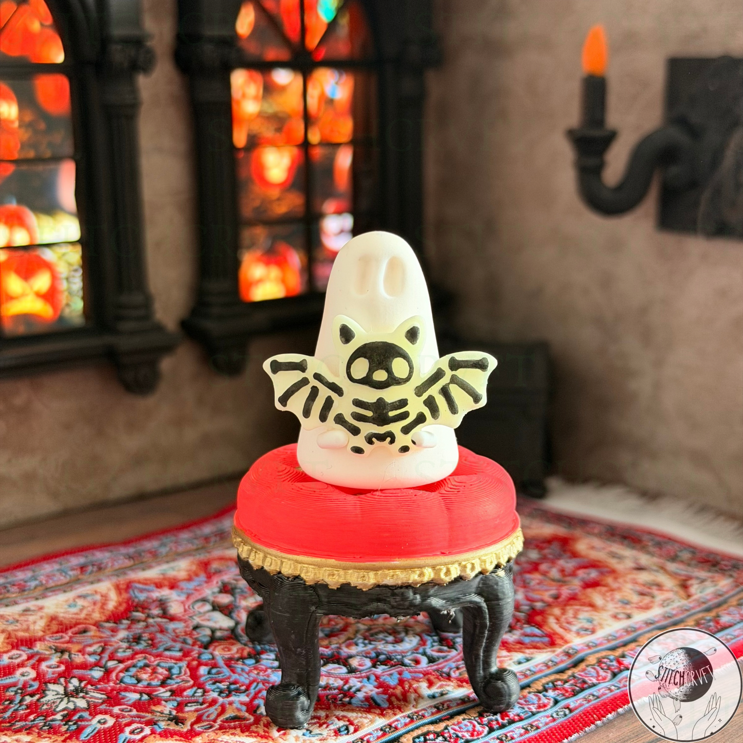 Ghost holding glowing skeleton bat | Handmade to order