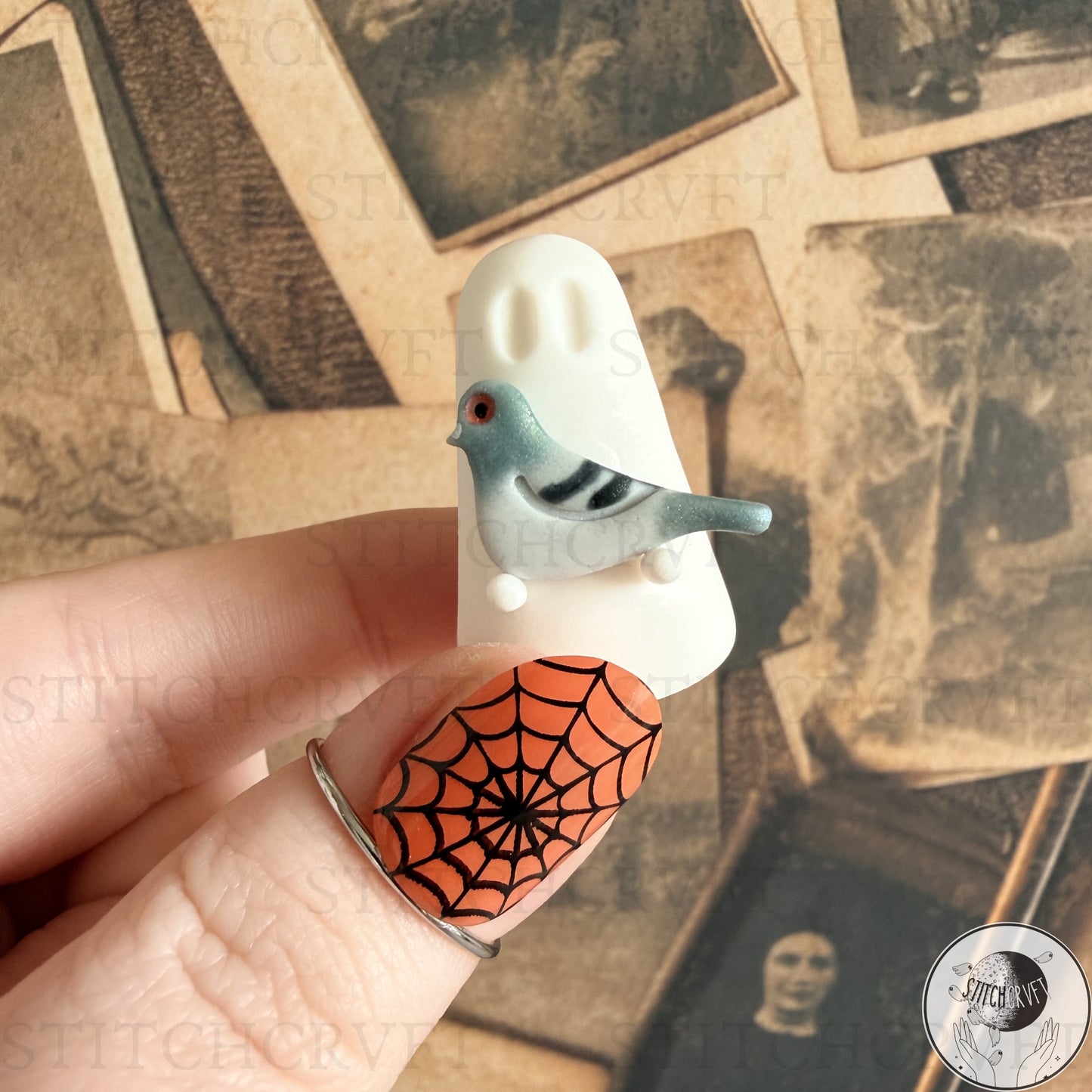Ghost holding tiny pigeon familiar  | Handmade to order