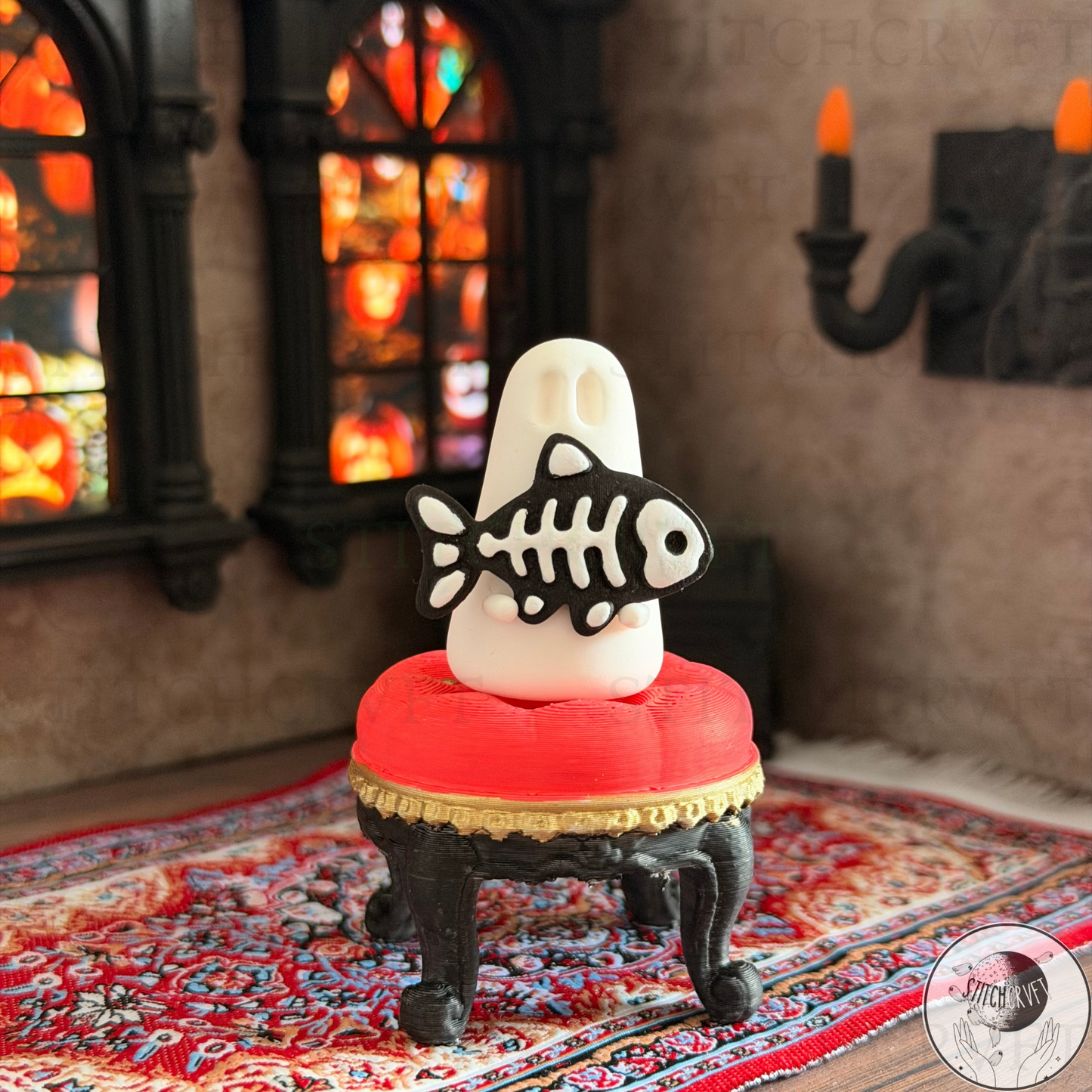 Ghost holding black skeleton fish | Handmade to order