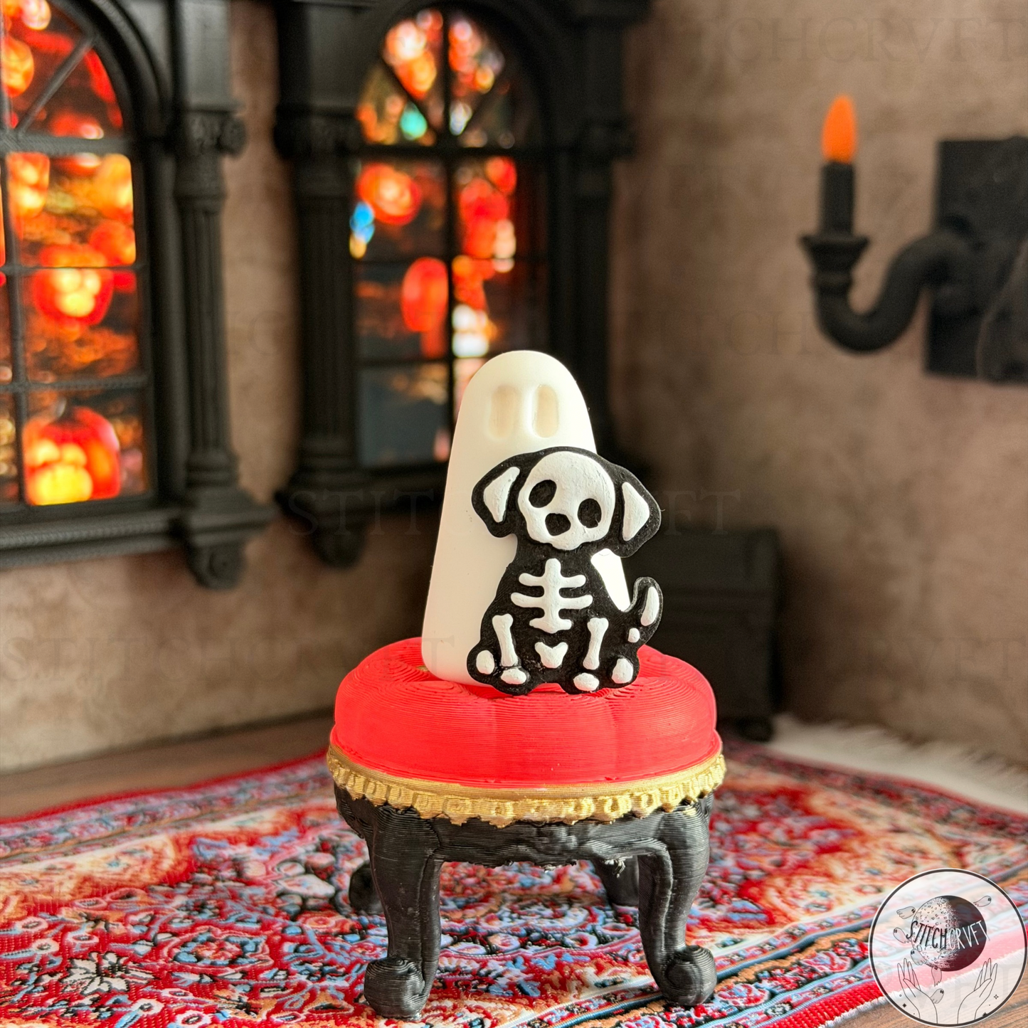 Ghost with black skeleton dog familiar | Handmade to order