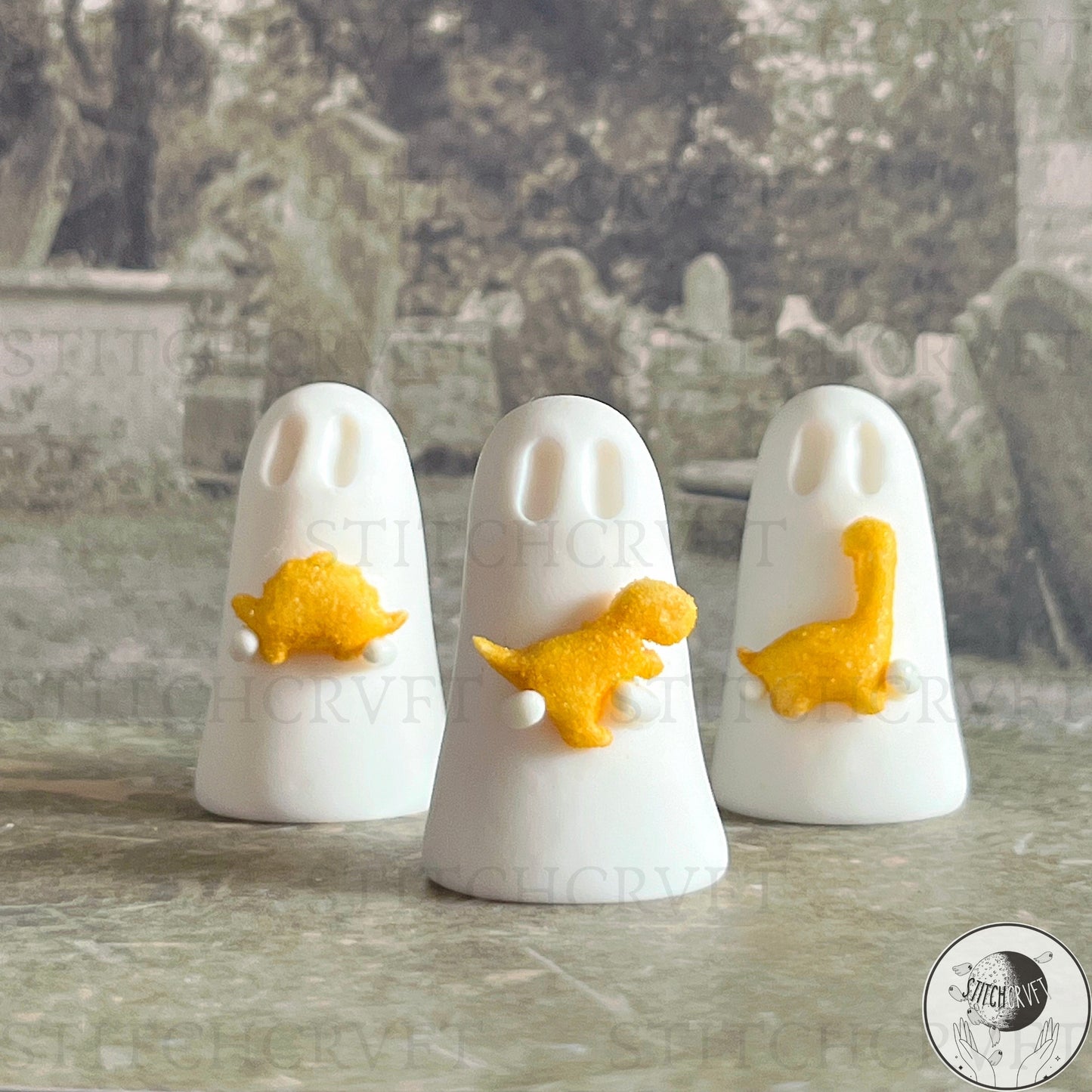 Ghost holding tiny dino nuggies | Handmade to order