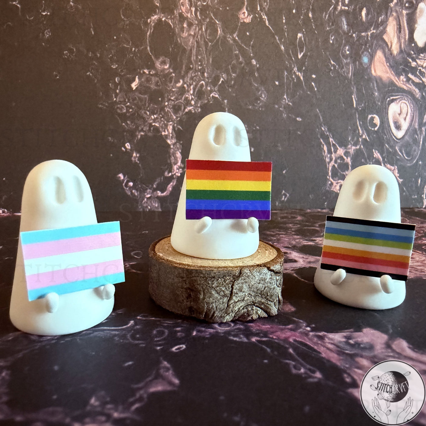 Ghost holding tiny pride flag (various designs) | Handmade to order