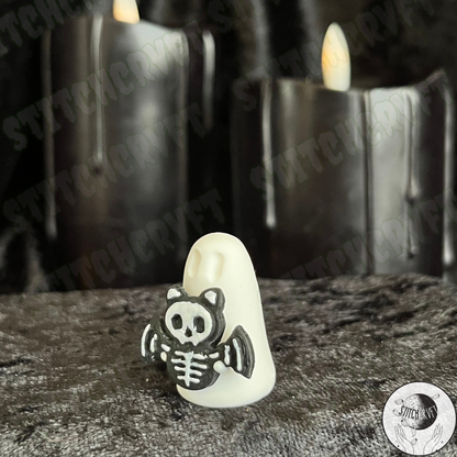 Ghost holding skele-cat-bat pet | Handmade to order