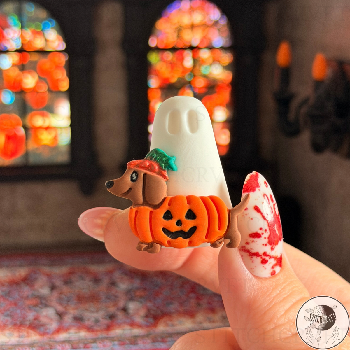 Ghost with pumpkin wiener dog familiar   | Handmade to order