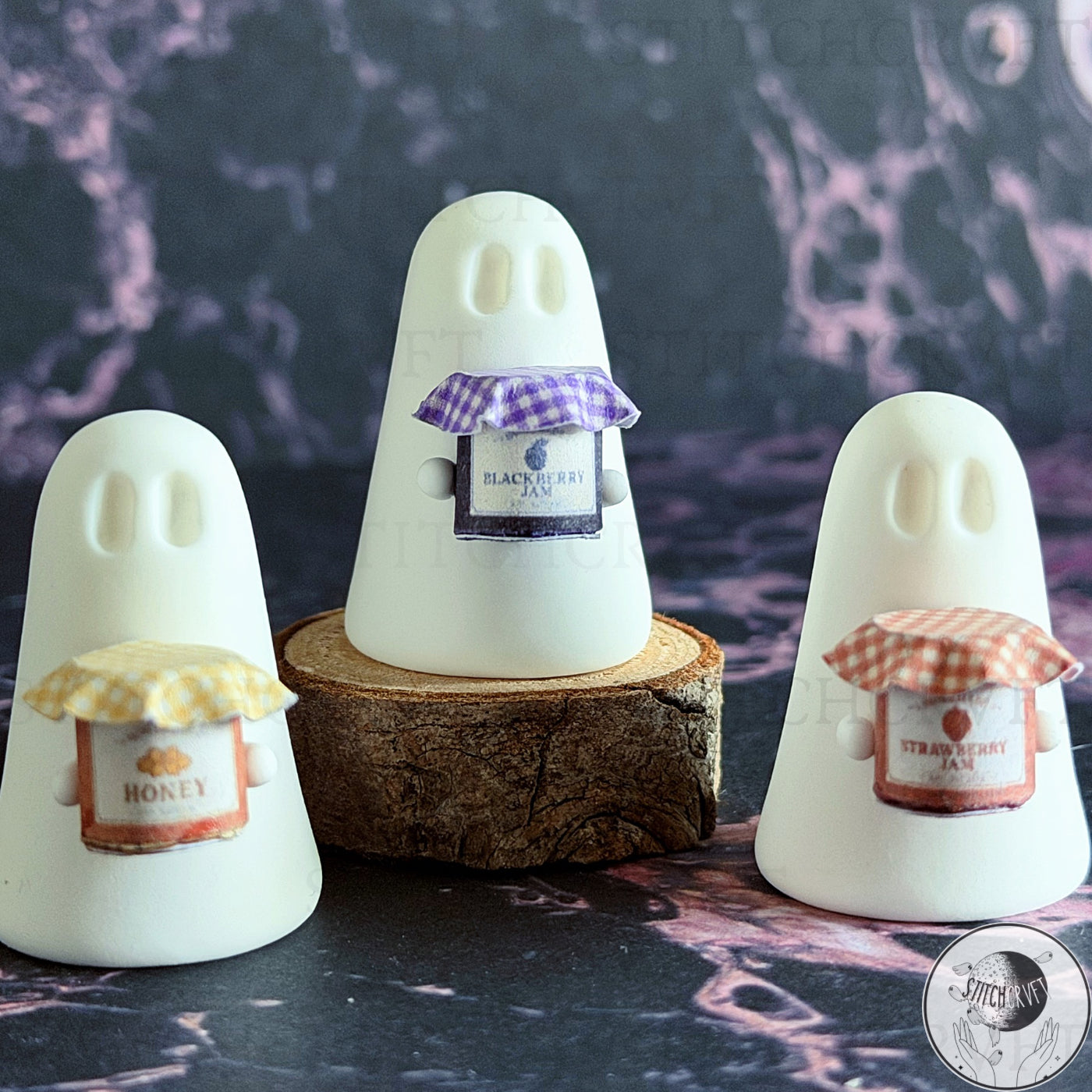 Ghost holding tiny jam jar  | Handmade to order