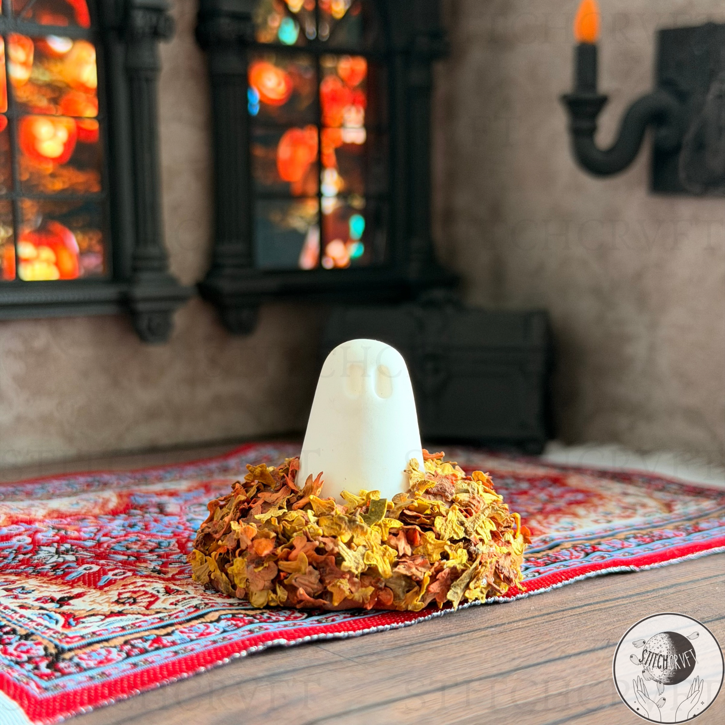 Ghost sat in little pile of leaves | Handmade to order