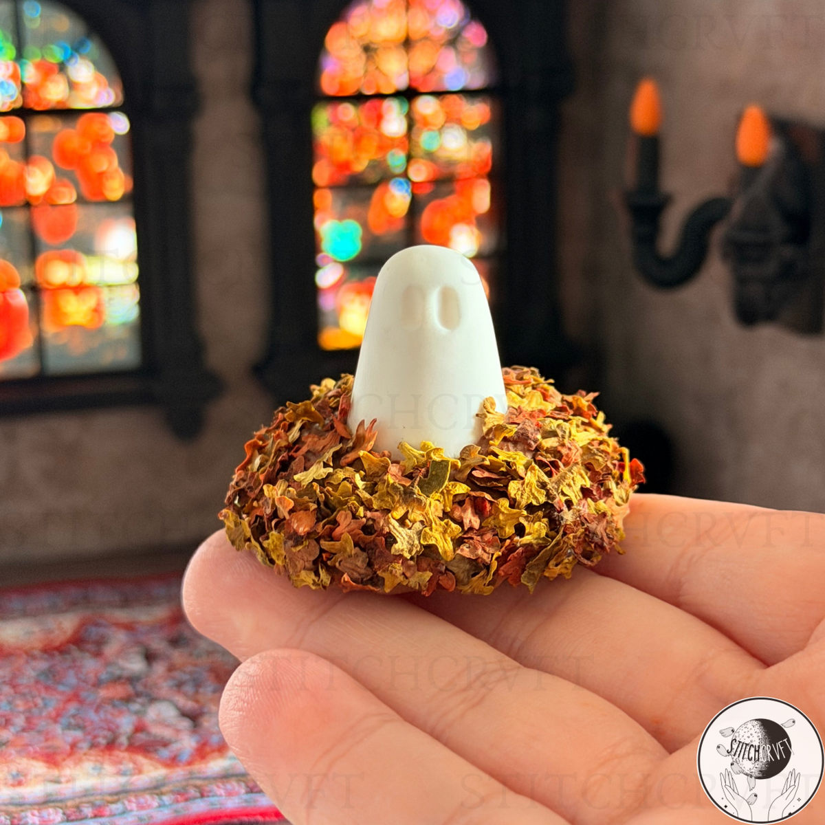 Ghost sat in little pile of leaves | Handmade to order
