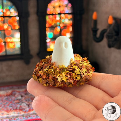 Ghost sat in little pile of leaves | Handmade to order