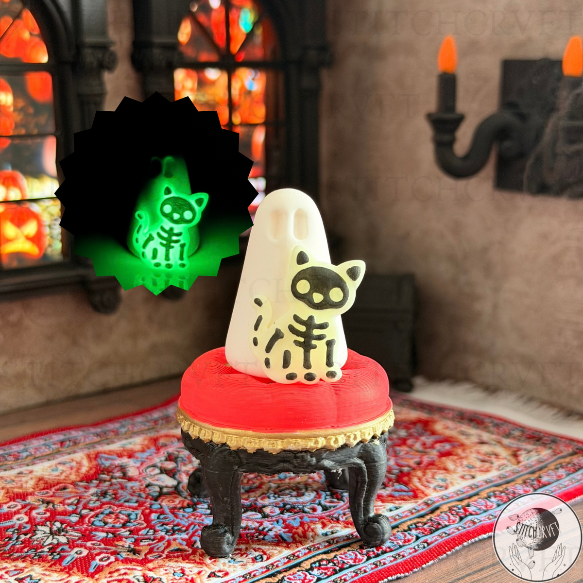 Ghost with glowing skeleton cat familiar | Handmade to order