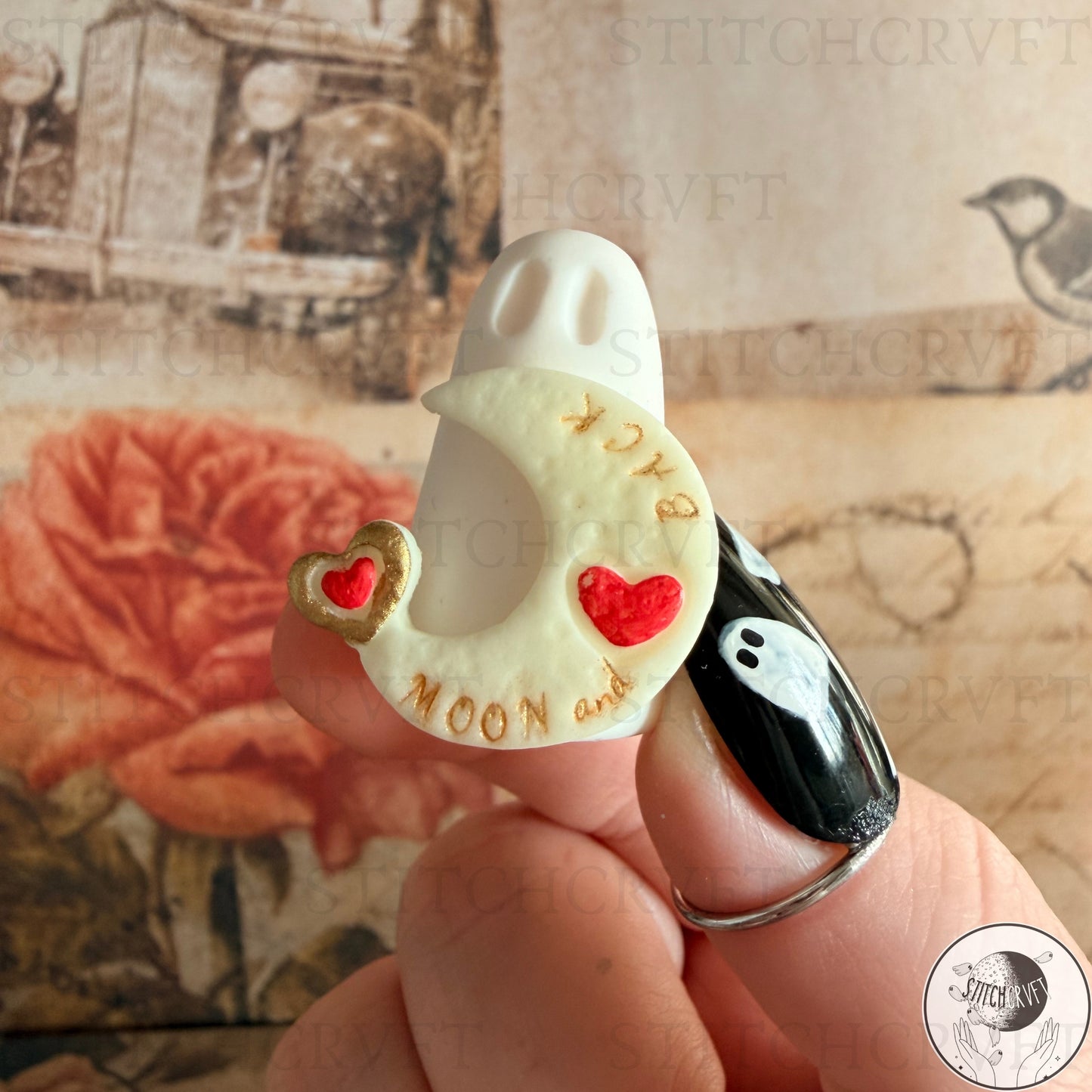 Ghost with glowing "Moon and Back" crescent moon. | Handmade to order