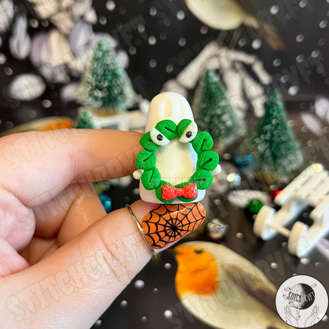 Spookmas Ghost holding tiny monster wreath | Handmade to order