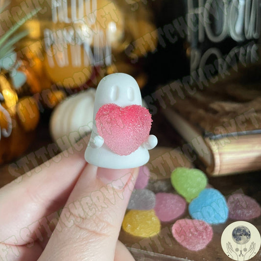 Ghost holding resin gummy heart (random) | Handmade to order