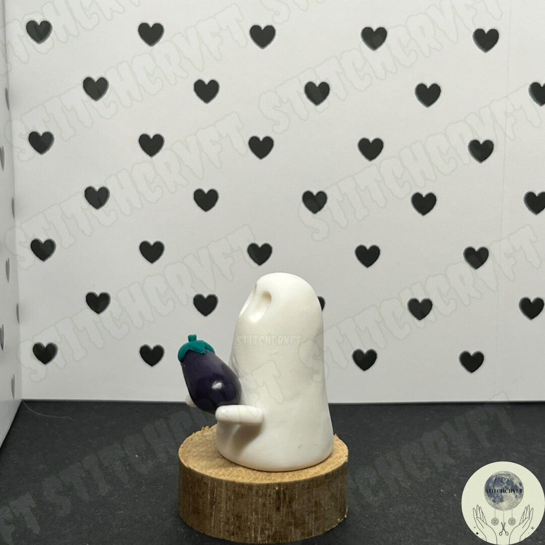 Ghost holding tiny eggplant/aubergine | Handmade to order